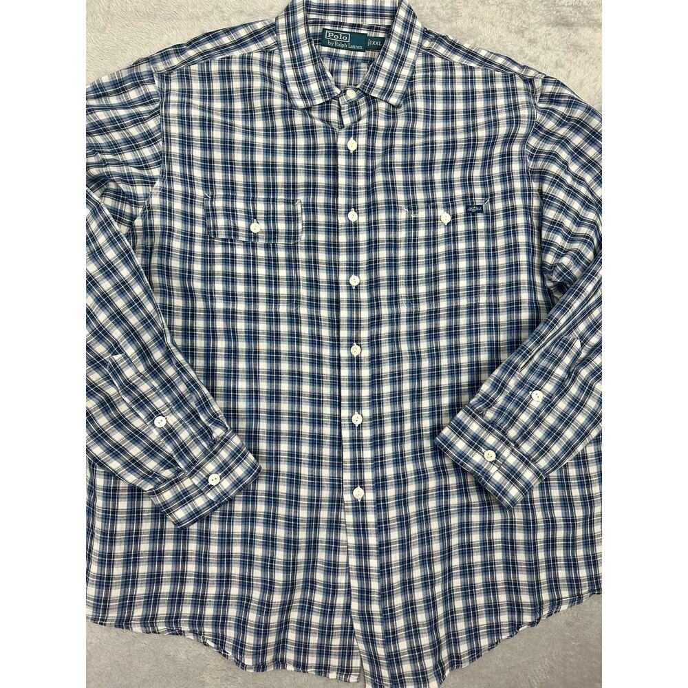 Vintage 90s Polo Ralph Lauren Linen Cotton Blue Plaid Shirt Mens XXL EUC